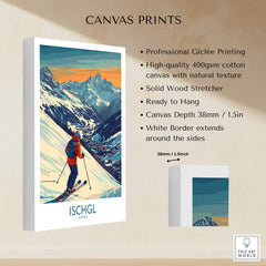 Ski Poster Ischgl Austria displayed on a canvas print highlighting its vibrant design and quality features.