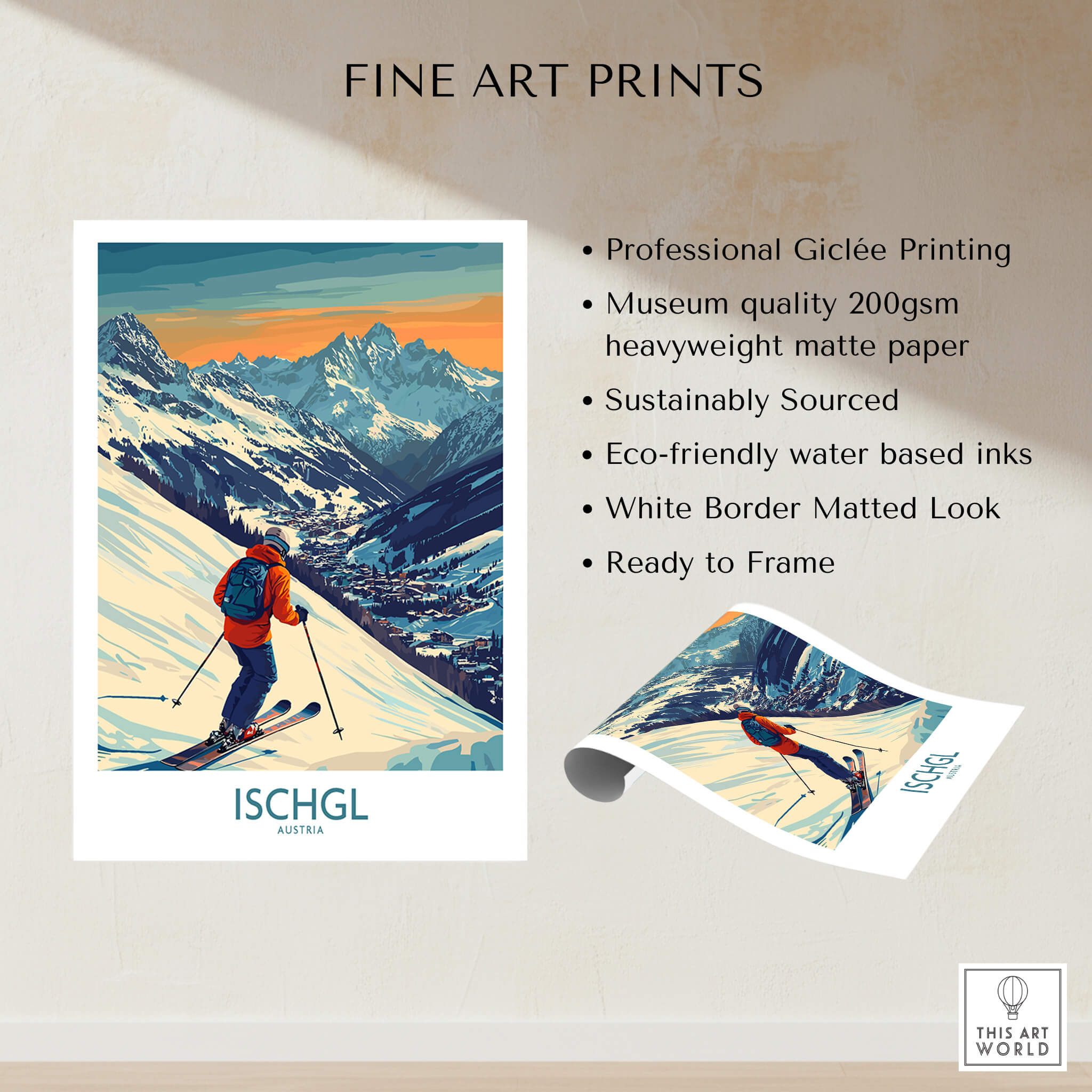 Ski Poster Ischgl Austria showcasing a skier on mountainous slopes with scenic backdrop, perfect for ski enthusiasts.