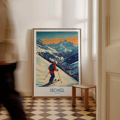 Ski Poster Ischgl Austria featuring a skier on scenic slopes with mountains in the background.