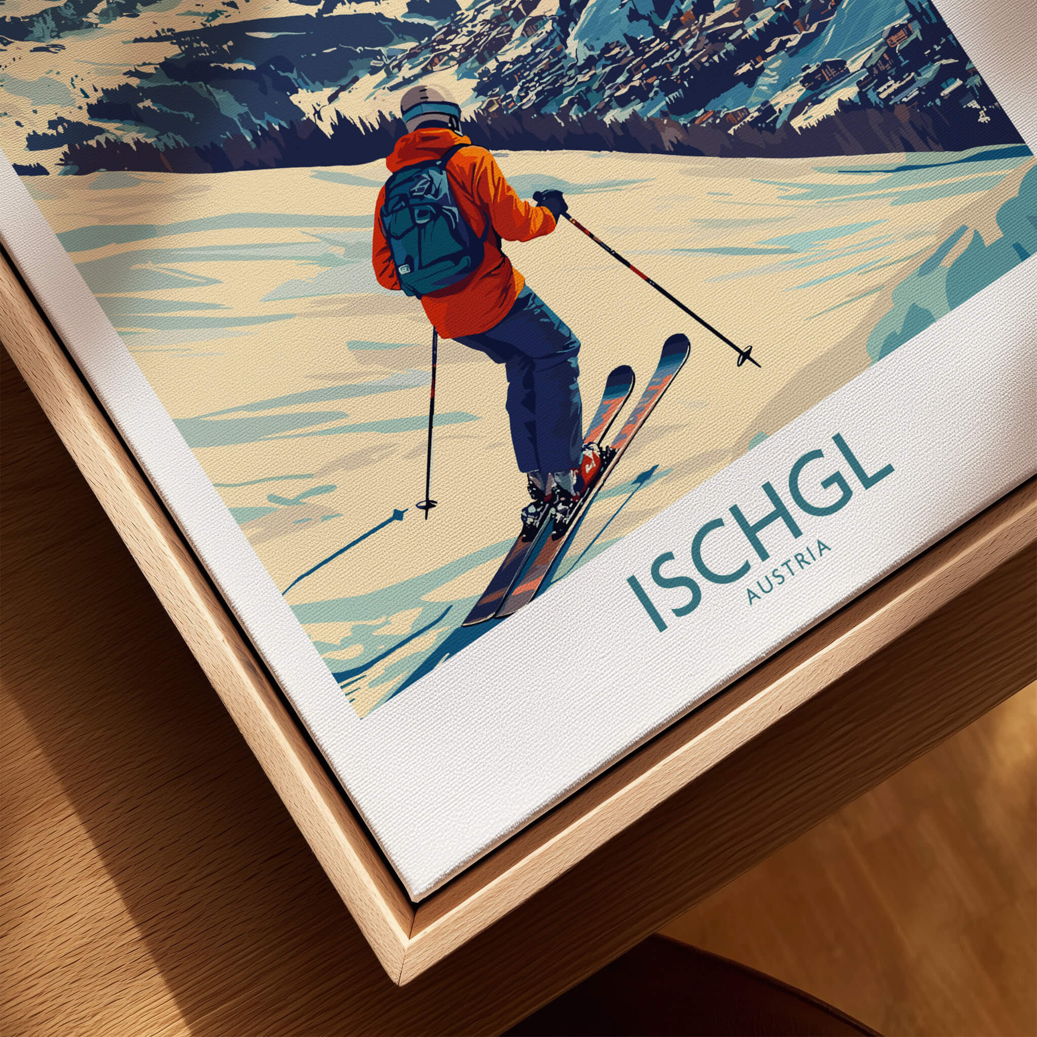 Ski Poster Ischgl Austria featuring a skier on slopes with a beautiful mountain backdrop.