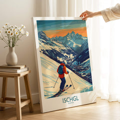 Ski Poster Ischgl Austria featuring a skier on snowy slopes with mountains in the background.