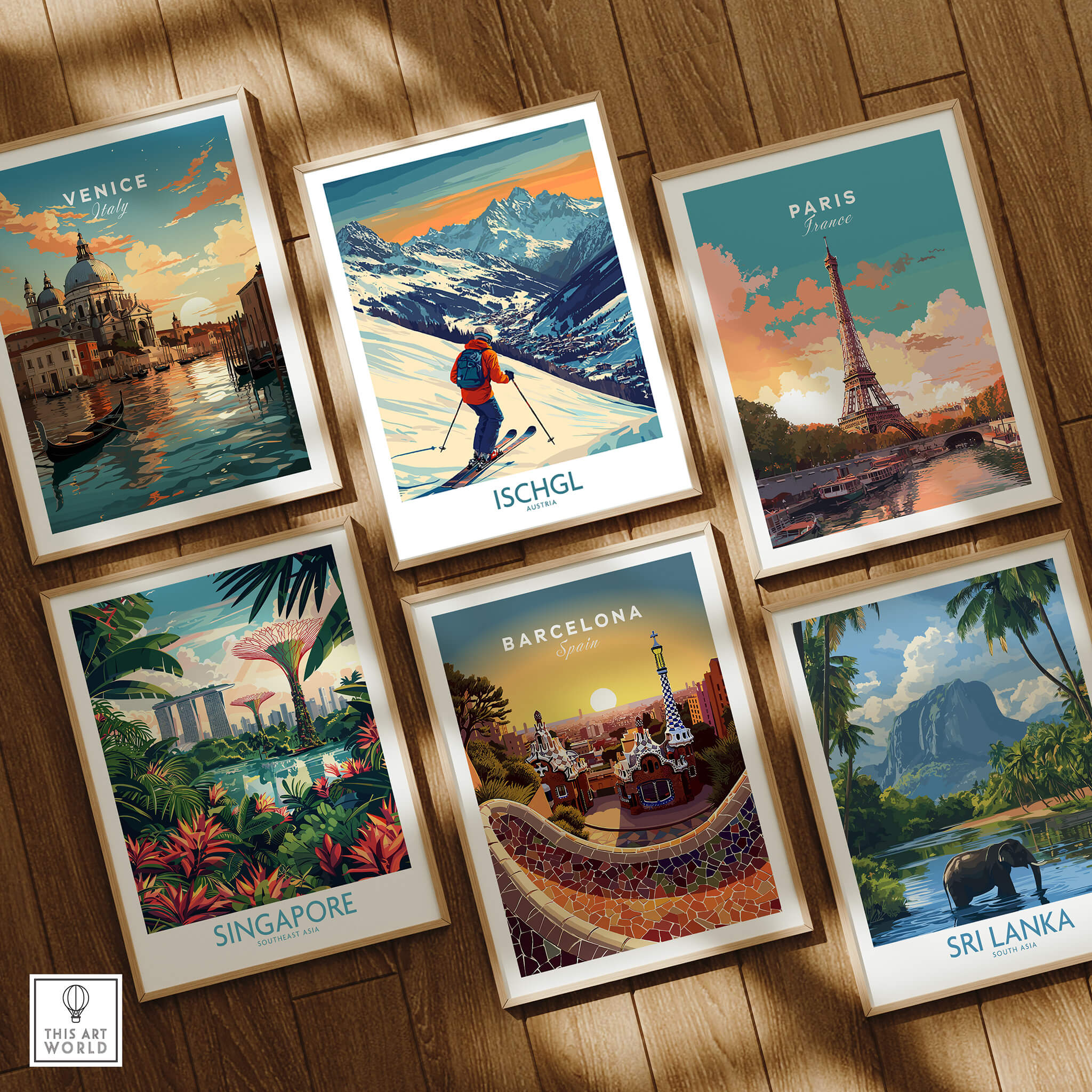 Ski Poster Ischgl Austria showcasing a skier on vibrant slopes, part of a travel poster collection.