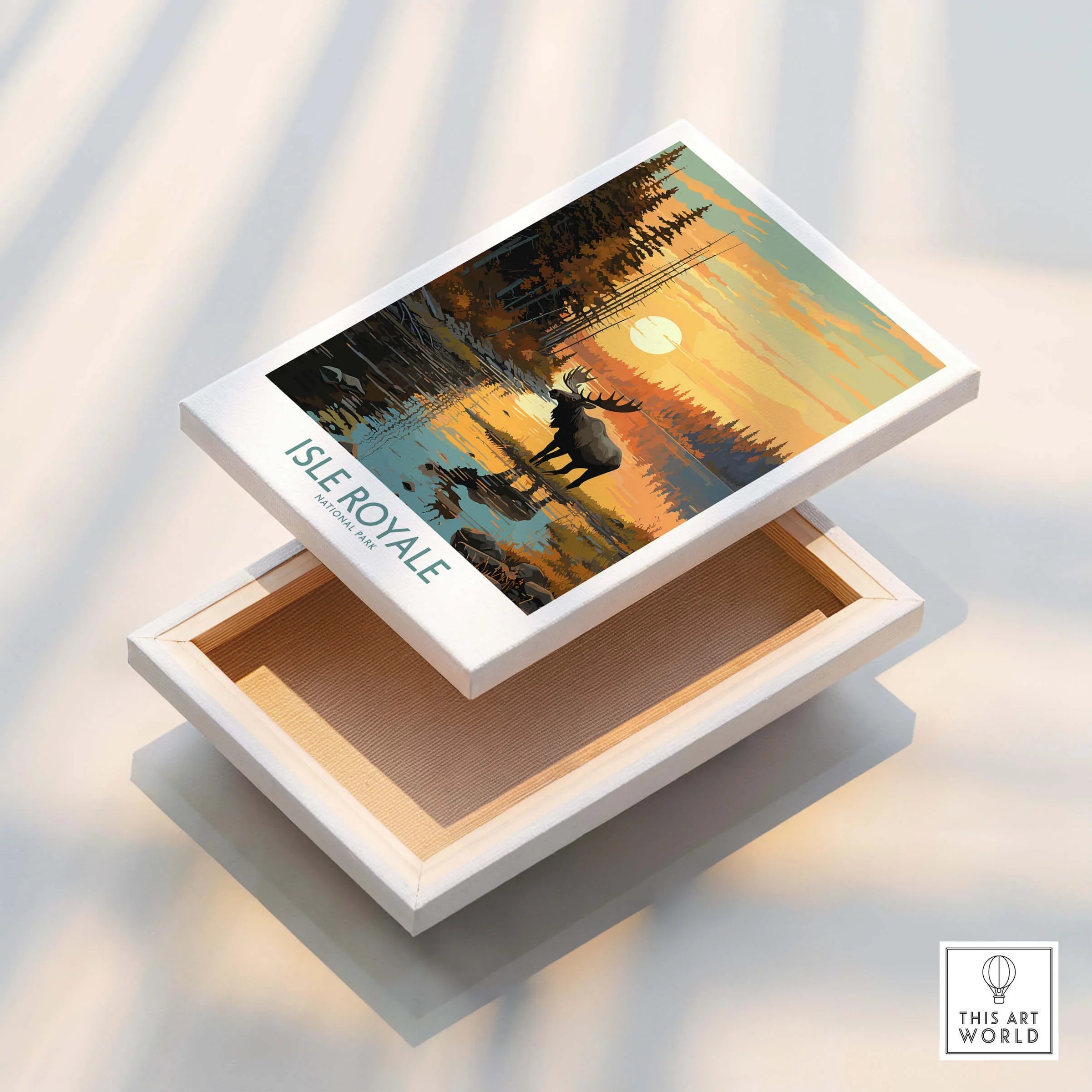 Isle Royale National Park art print on stretched canvas showing moose by lake at sunset