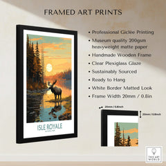 Framed Isle Royale National Park art print featuring a moose by a lake at sunset, with product details for giclée printing, matte paper, and wooden frame.