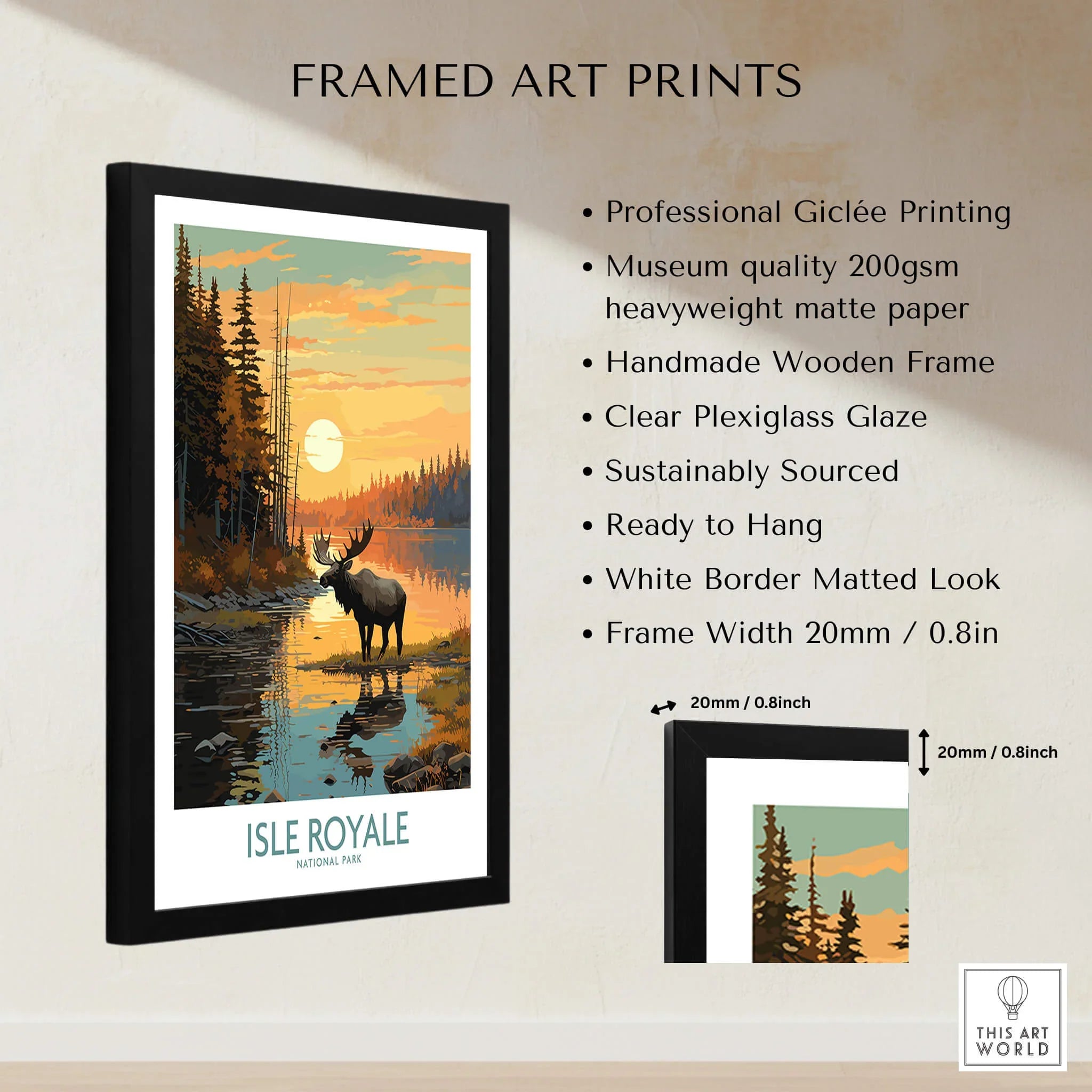 Framed Isle Royale National Park art print featuring a moose by a lake at sunset, with product details for giclée printing, matte paper, and wooden frame.