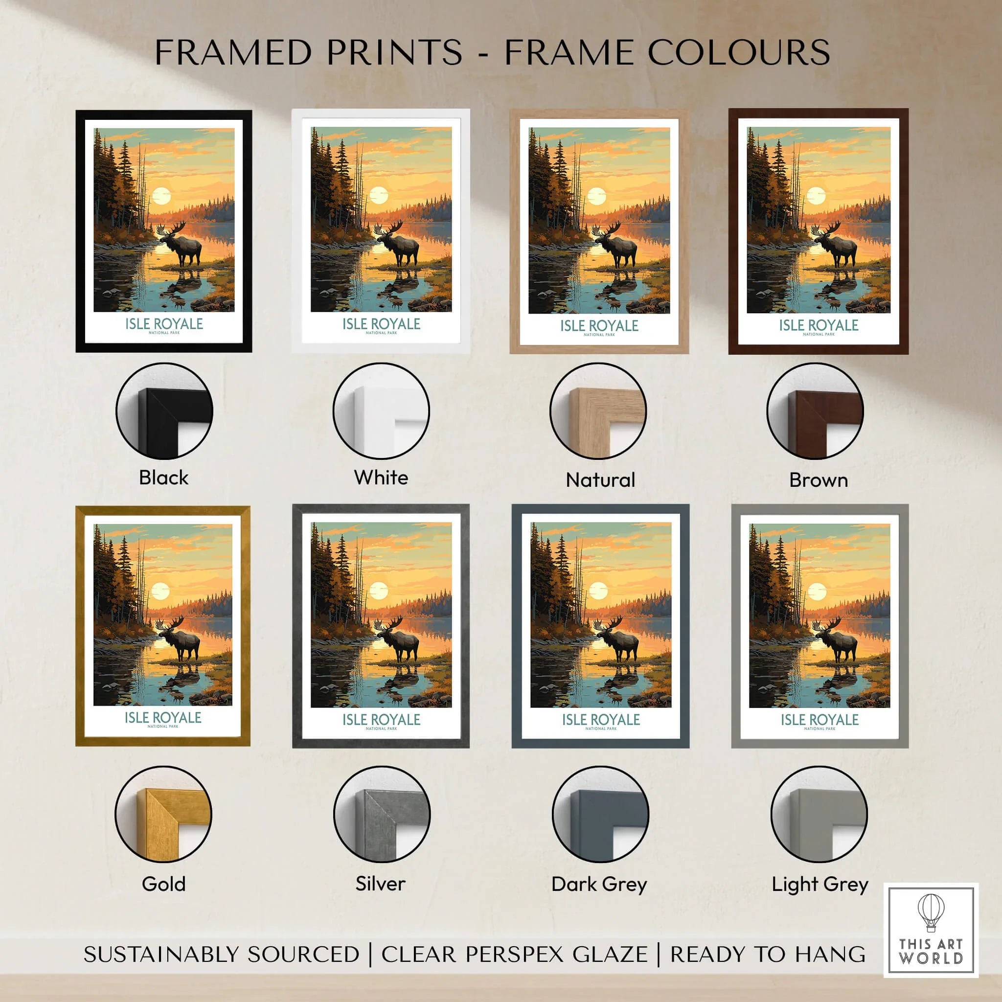 Isle Royale moose travel poster wall art shown with eight frame colour options.