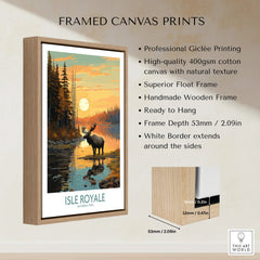 Framed Isle Royale National Park canvas print with moose silhouette, sunset, forest, float frame details