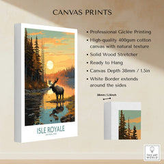 Isle Royale National Park moose canvas print with sunset forest landscape, wall art details.