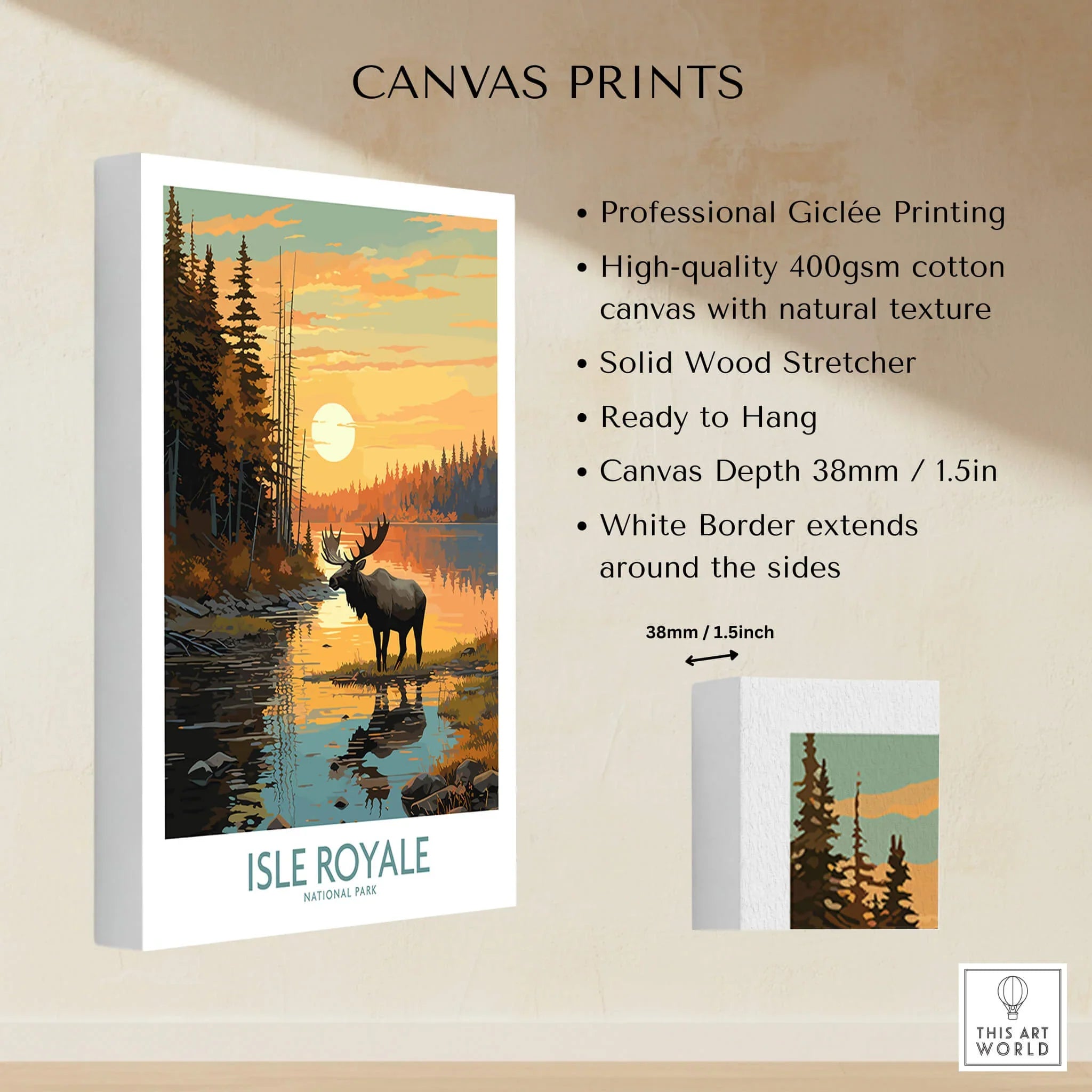 Isle Royale National Park moose canvas print with sunset forest landscape, wall art details.