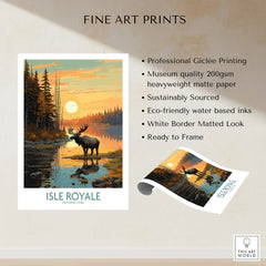 Isle Royale National Park fine art print featuring a moose by a lake at sunset, with quality and eco-friendly poster details.