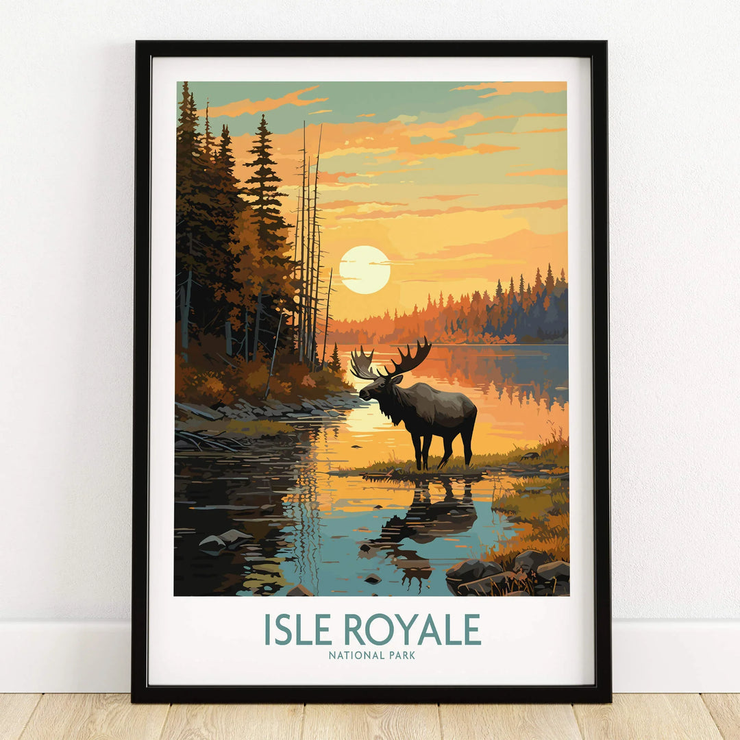 Isle Royale National Park art print with moose, sunset lake, and pine trees in black frame