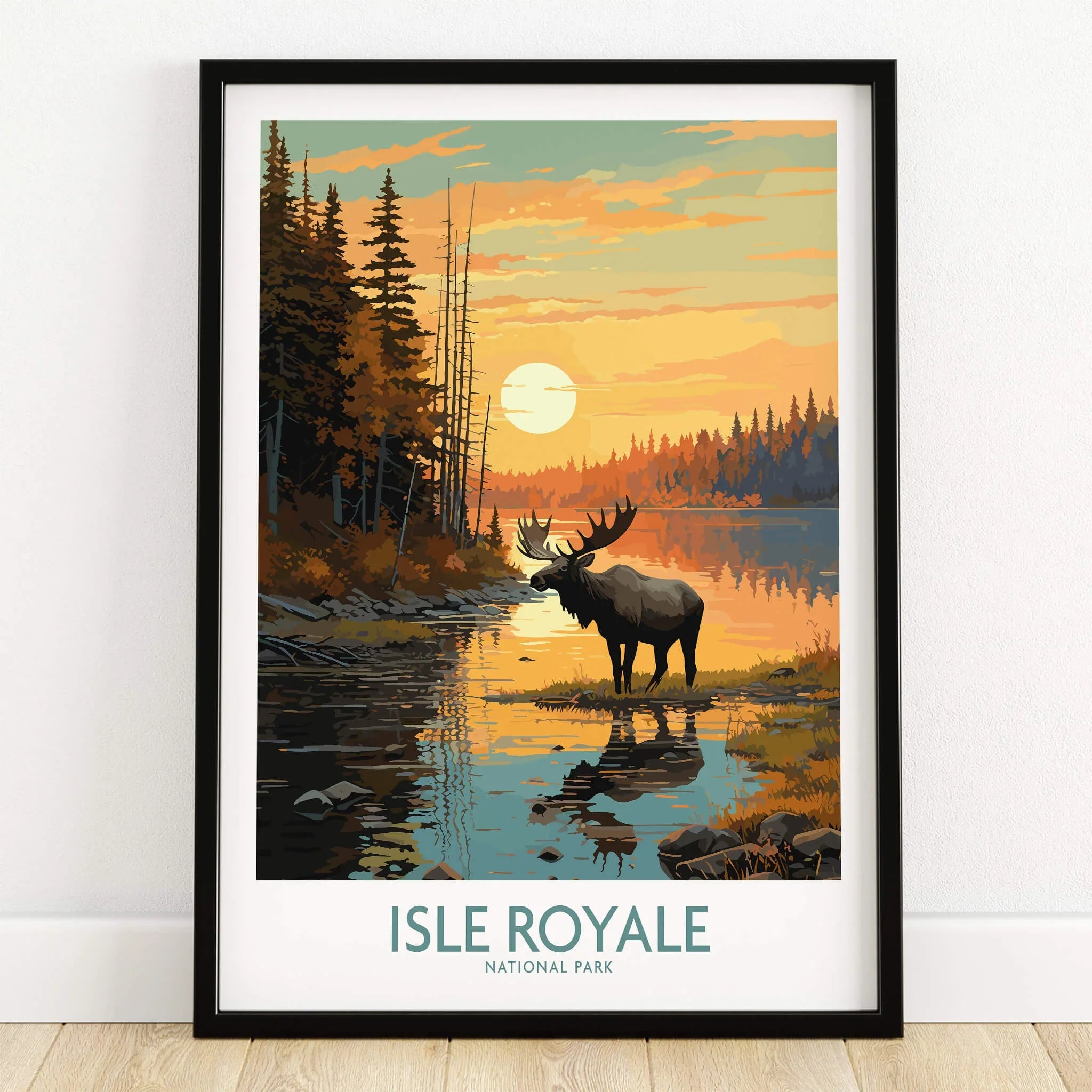 Isle Royale National Park art print with moose, sunset lake, and pine trees in black frame