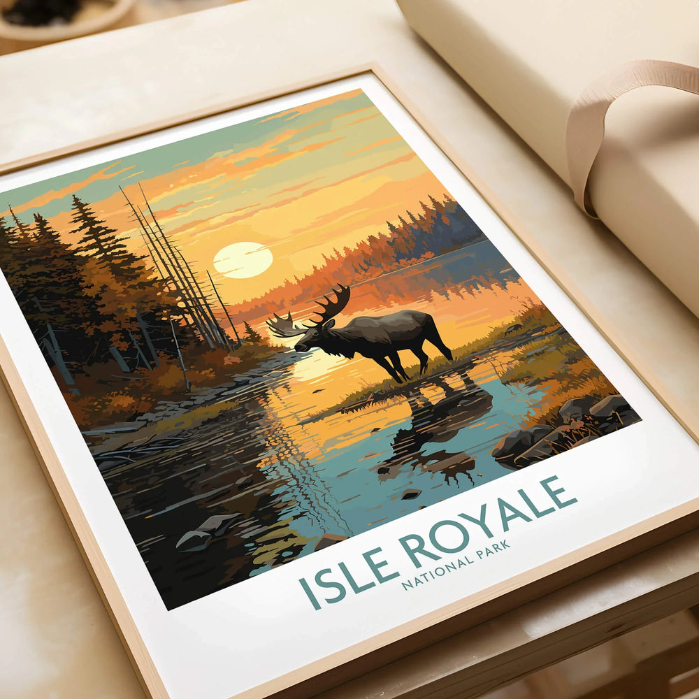 Framed Isle Royale National Park art print with moose by a lakeside at sunset, unwrapped for gifting