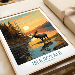 Framed Isle Royale National Park art print with moose by a lakeside at sunset, unwrapped for gifting