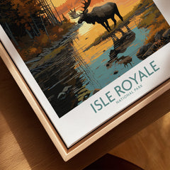 Isle Royale National Park art print featuring a moose by a lake, framed in natural wood.