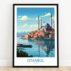 Istanbul Turkey travel poster with Blue Mosque, waterfront, and city skyline art print for wall decor