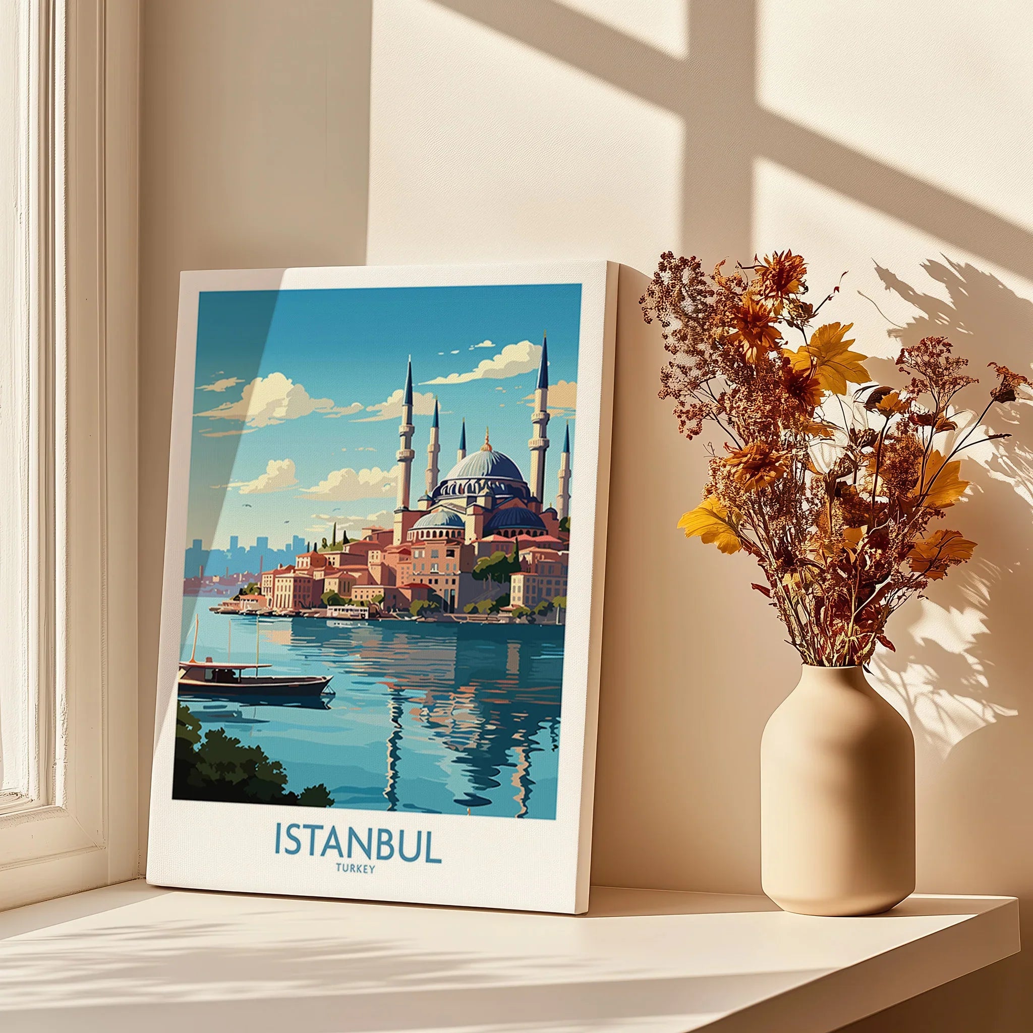 Istanbul Turkey travel poster with mosque and waterfront, perfect for home wall art decor