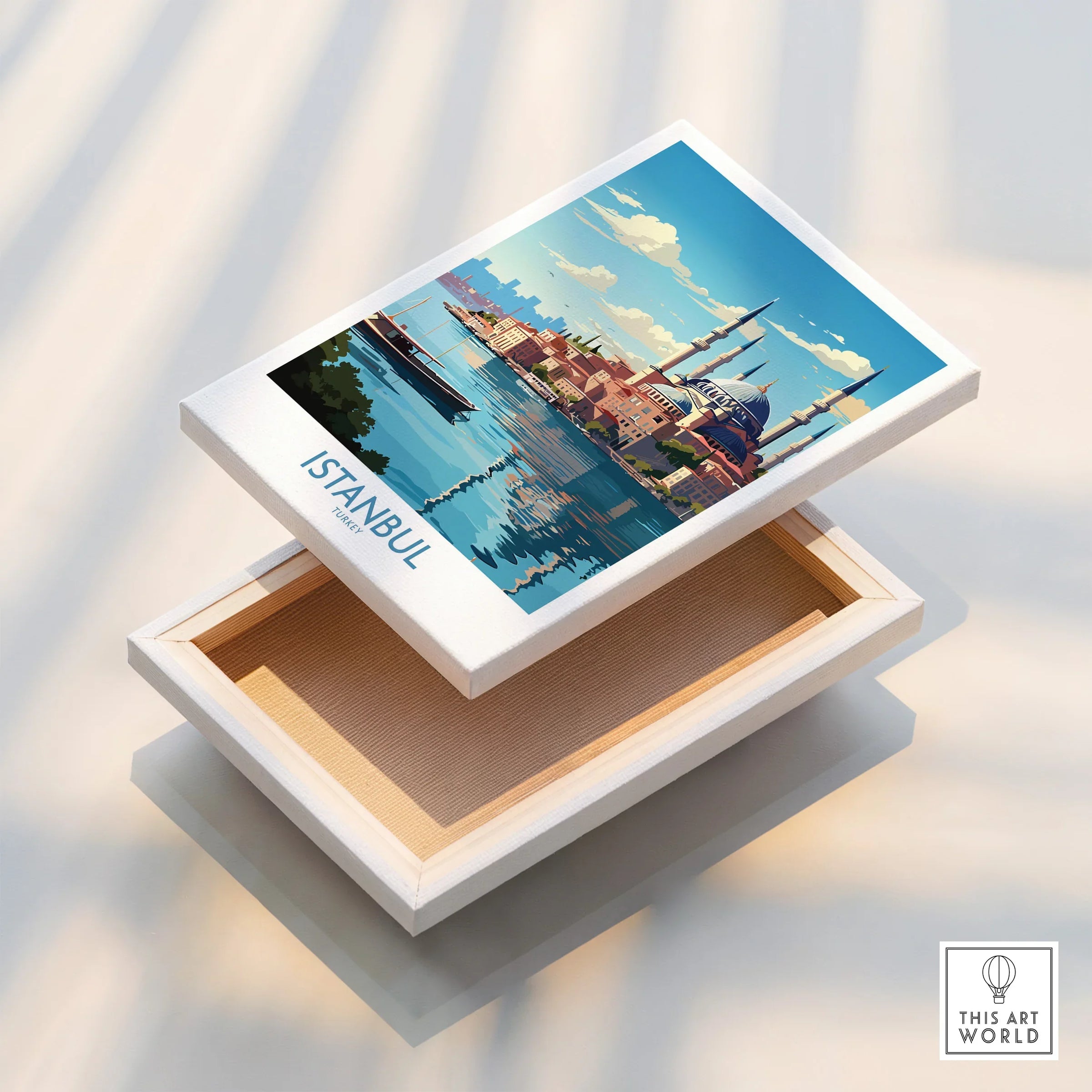 Istanbul Turkey travel poster canvas art with skyline and mosque, perfect for home wall decor