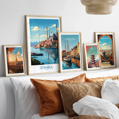 Framed travel posters of Istanbul, Paris, Copenhagen, Tokyo, Barcelona for home wall art decor