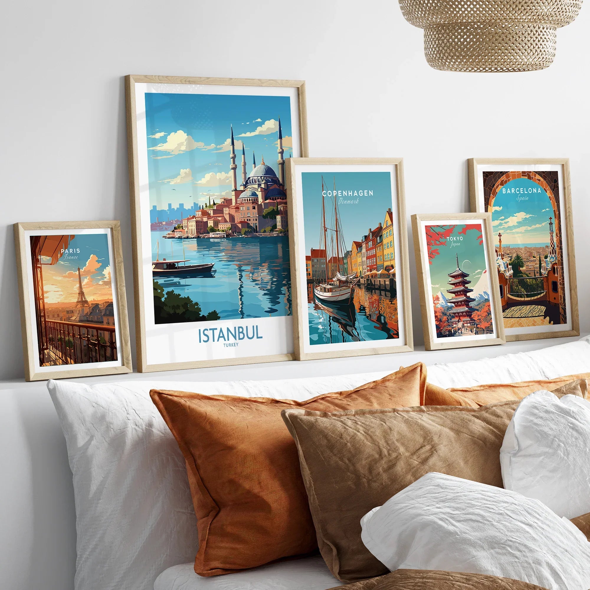 Framed travel posters of Istanbul, Paris, Copenhagen, Tokyo, Barcelona for home wall art decor