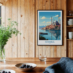 Istanbul Turkey travel poster with mosque skyline, waterfront, and boat, perfect for home wall art decor