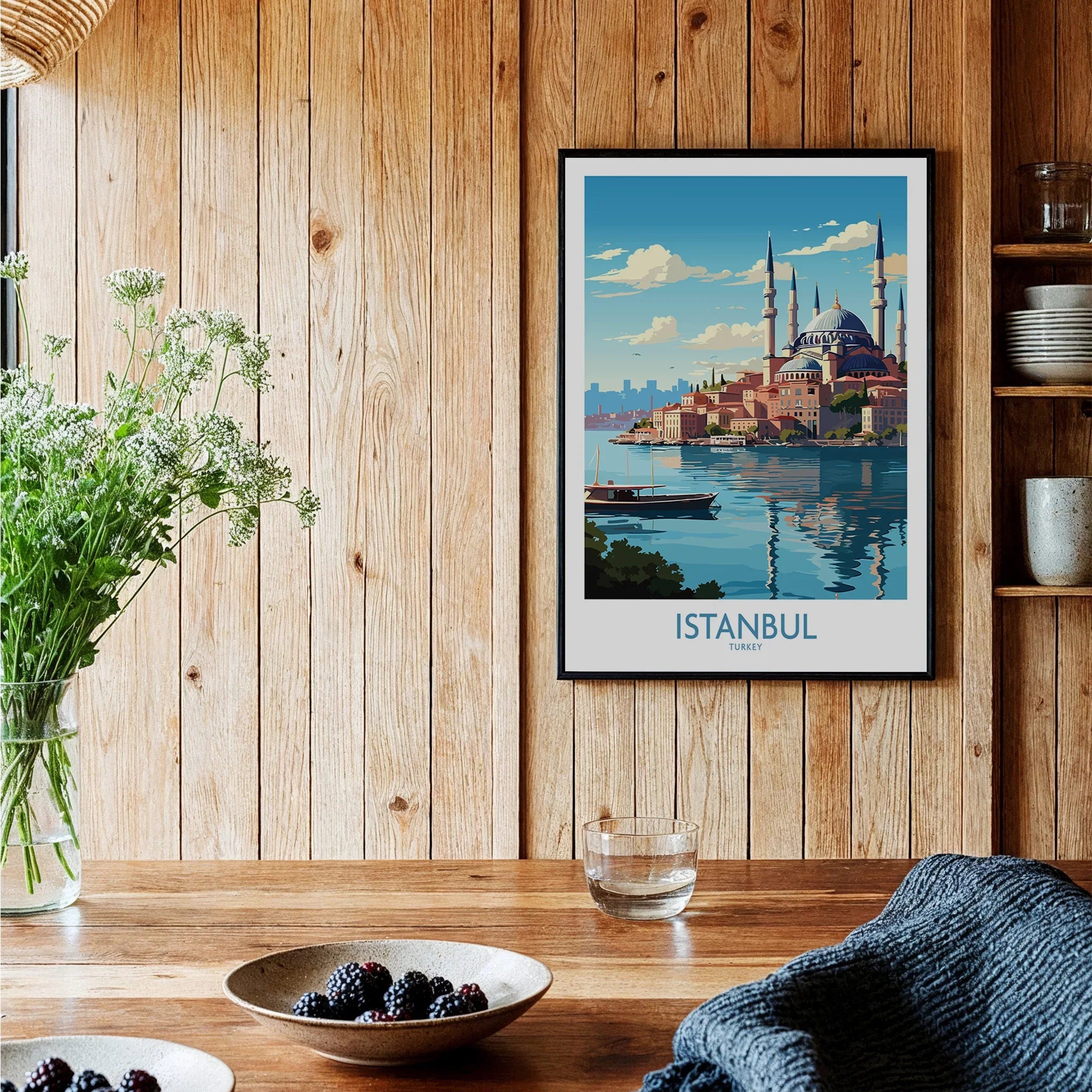 Istanbul Turkey travel poster with mosque skyline, waterfront, and boat, perfect for home wall art decor