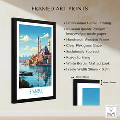 Istanbul Turkey travel poster art print in black frame, featuring mosque skyline and waterfront, ideal wall decor