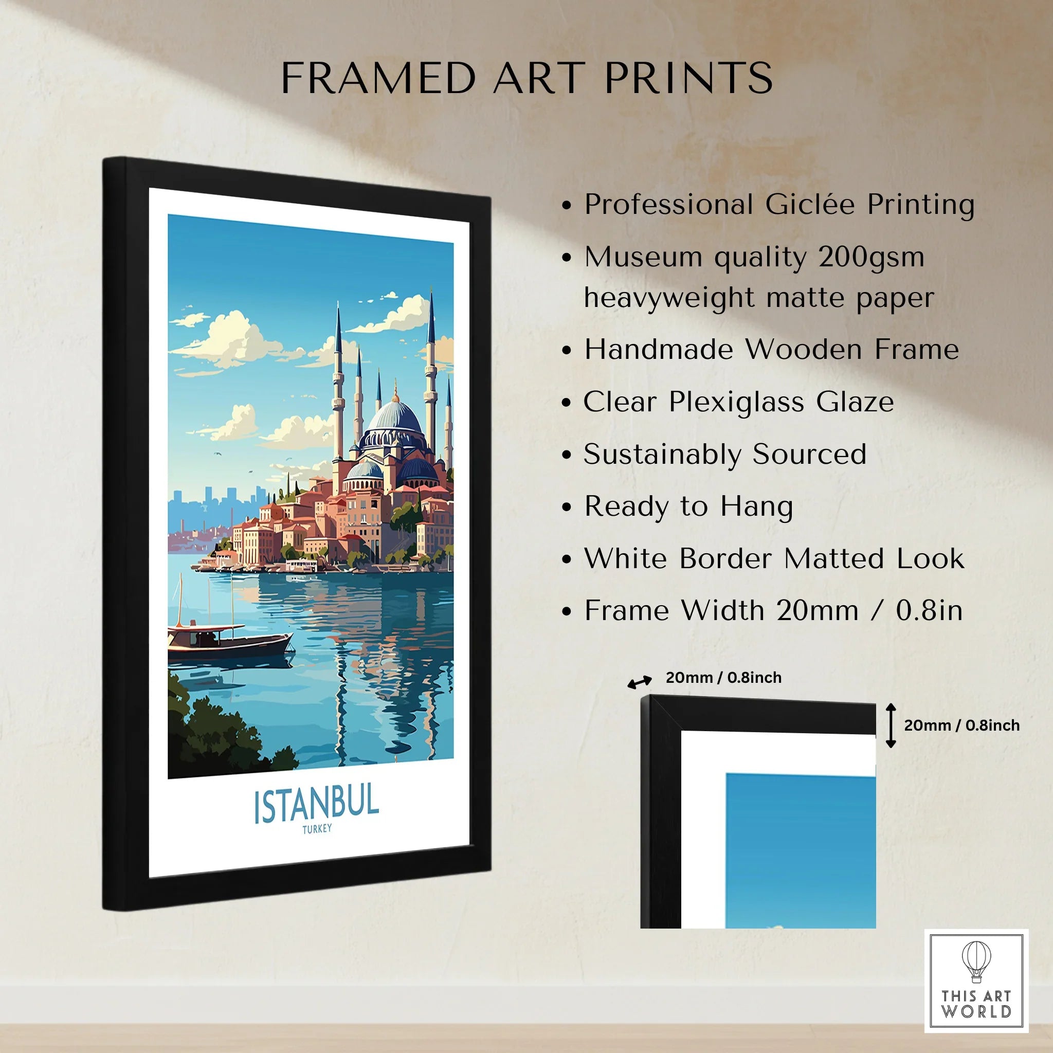 Istanbul Turkey travel poster art print in black frame, featuring mosque skyline and waterfront, ideal wall decor