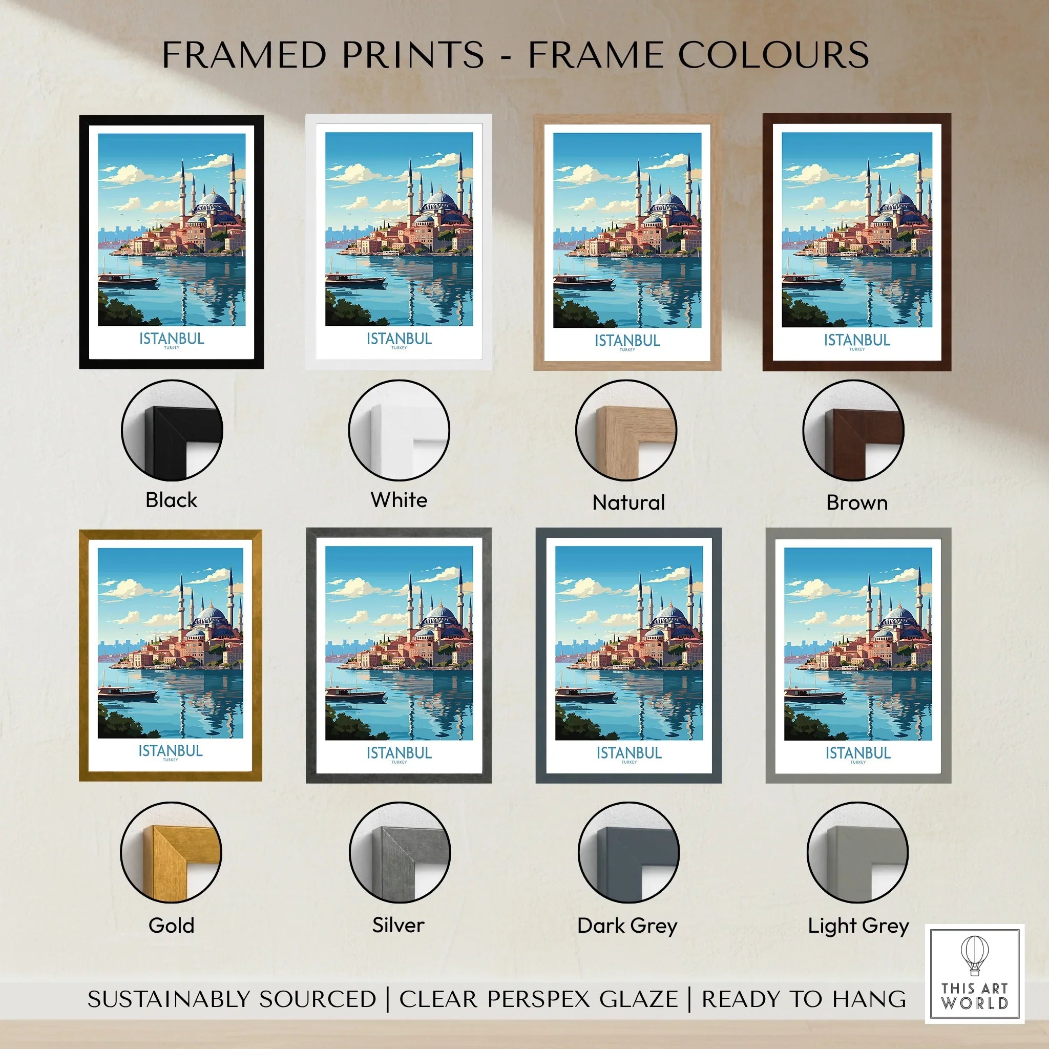 Istanbul travel poster in 8 frame colors: black, white, natural, brown, gold, silver, dark grey, light grey