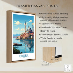 Istanbul Turkey travel poster wall art, framed canvas print with wooden float frame, city skyline and mosque view
