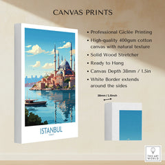Istanbul Turkey travel poster canvas print with mosque skyline, water, and boat, ready to hang wall art