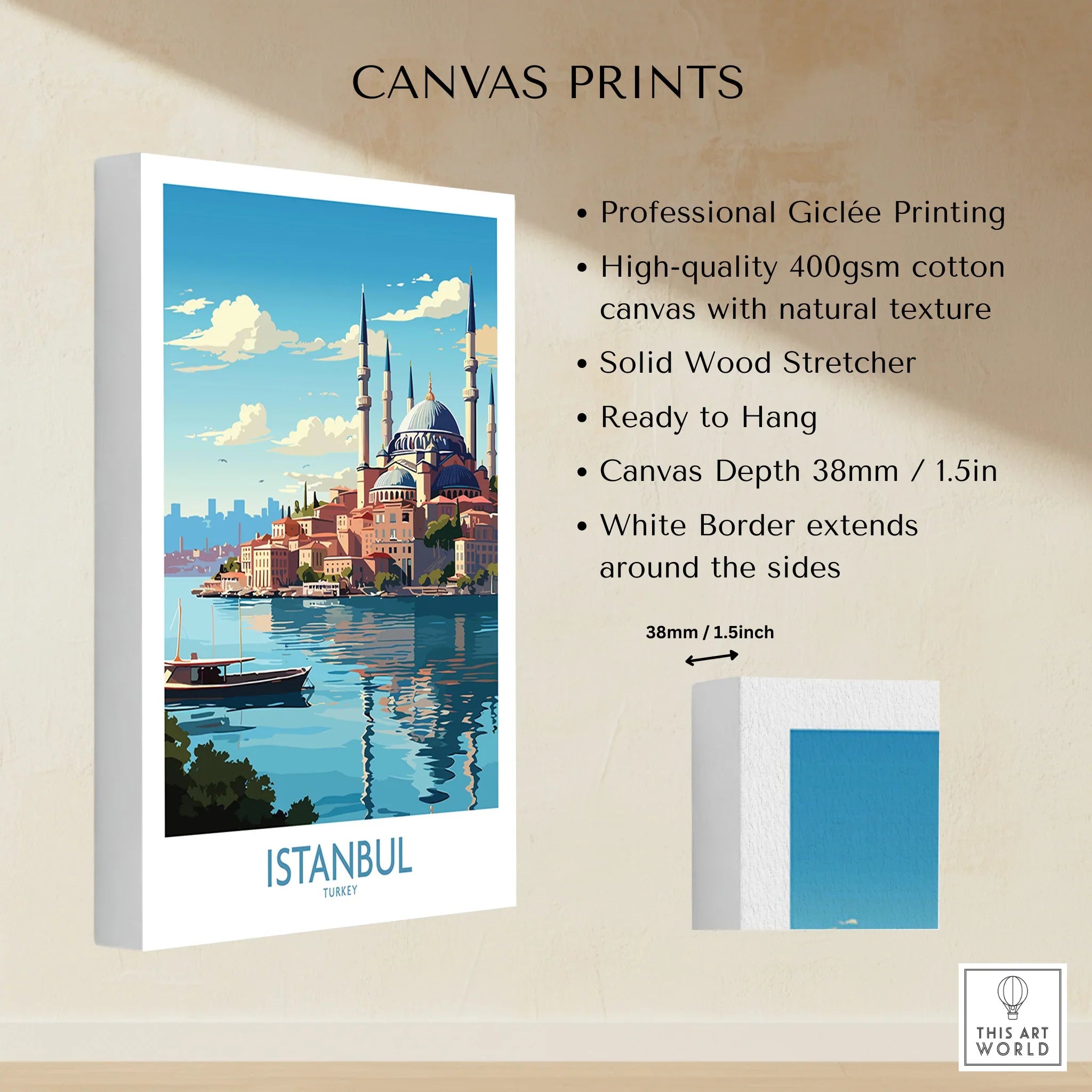 Istanbul Turkey travel poster canvas print with mosque skyline, water, and boat, ready to hang wall art