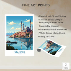 Istanbul Turkey travel poster art print with mosque skyline, water, and boat, ready to frame