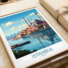 Istanbul Turkey travel poster with mosque skyline and waterfront, framed wall art for home decor