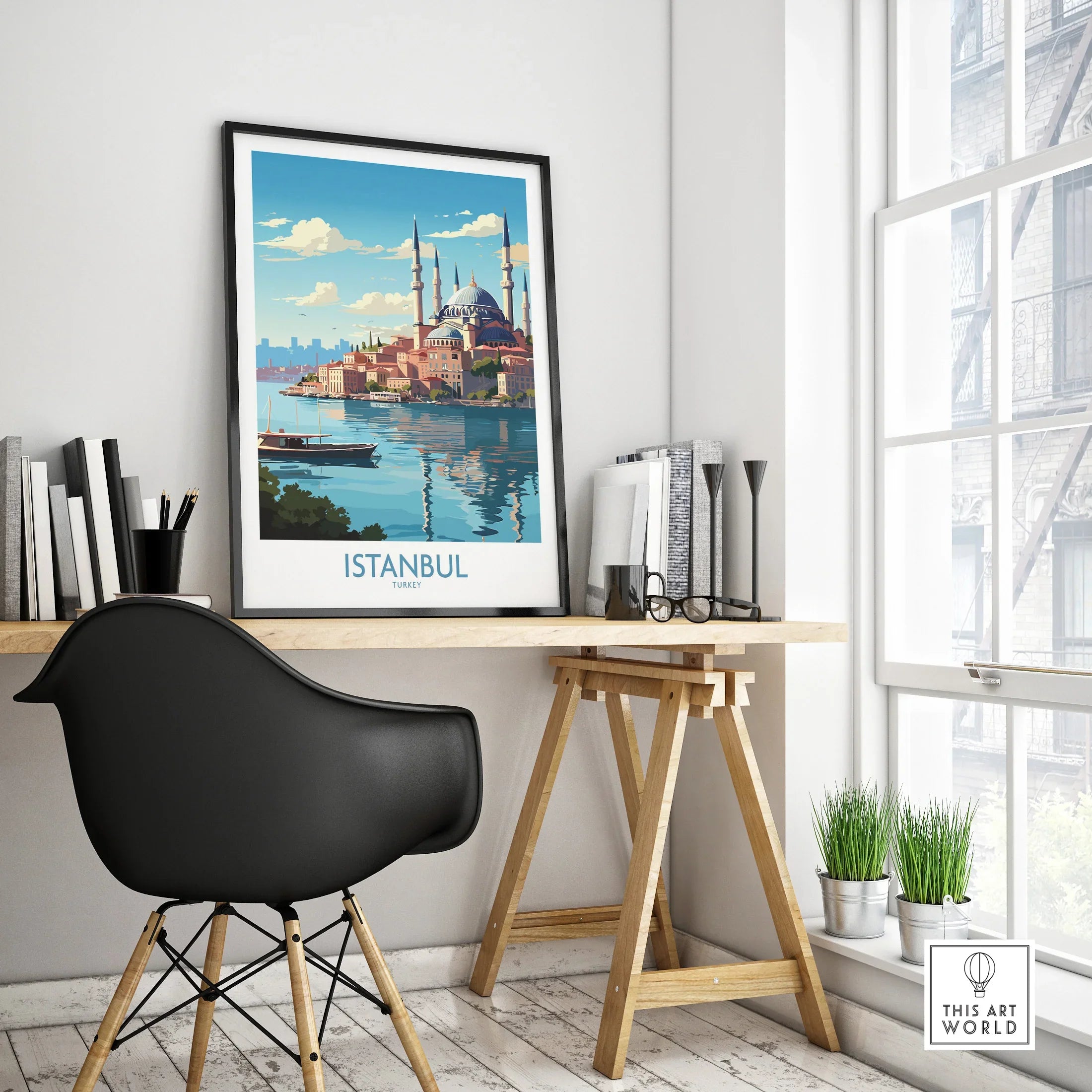 Istanbul Turkey travel poster with mosque skyline, water, and boat, framed on desk for home decor