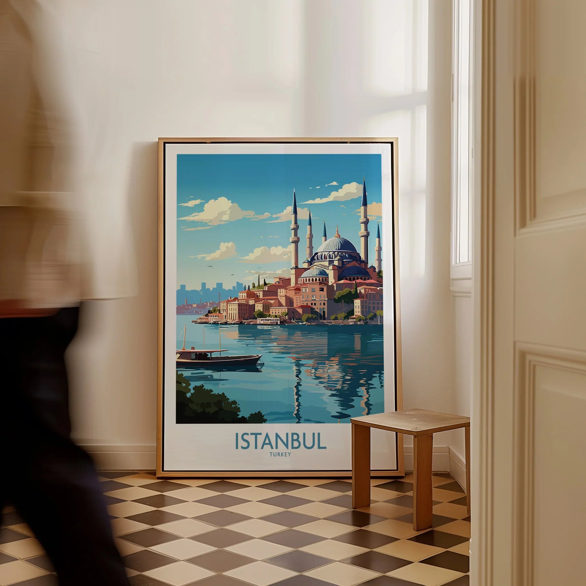 Istanbul Turkey travel poster with Blue Mosque, waterfront, and city skyline, perfect for home wall art decor