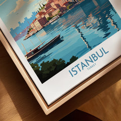Istanbul Turkey travel poster wall art with waterfront cityscape and boat, perfect for home decor