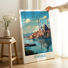 Istanbul Turkey travel poster wall art with Blue Mosque skyline, perfect for home decor