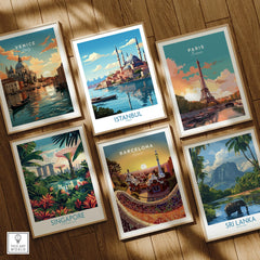 Framed travel posters of Venice, Istanbul, Paris, Singapore, Barcelona, Sri Lanka for wall art decor