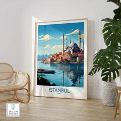 Istanbul Turkey travel poster print with Blue Mosque, waterfront, and city skyline for home wall art decor