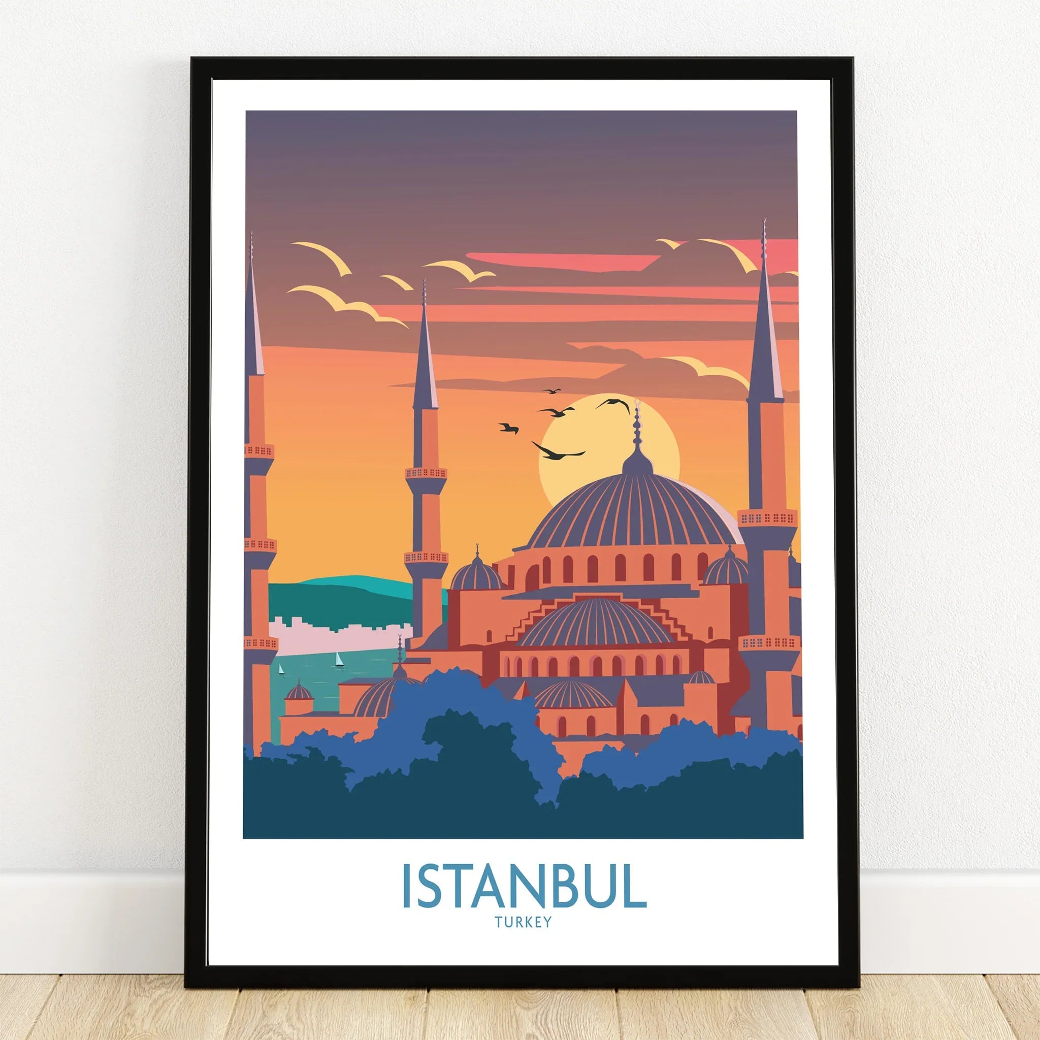 Istanbul Turkey travel poster with mosque skyline at sunset, perfect city skyline wall art for home decor