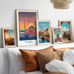 Framed travel posters of Istanbul, Paris, Copenhagen, Tokyo, Barcelona for home wall art decor