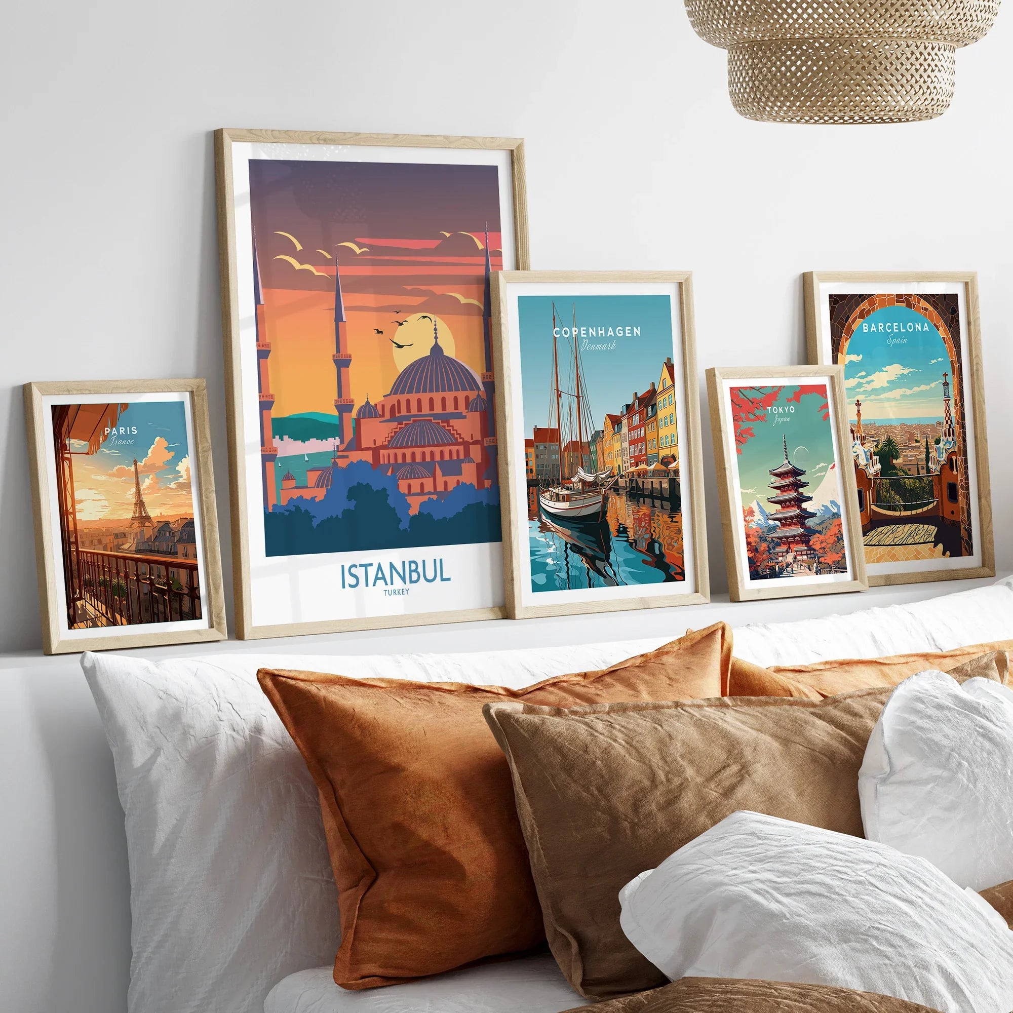 Framed travel posters of Istanbul, Paris, Copenhagen, Tokyo, Barcelona for home wall art decor