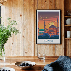 Istanbul Turkey travel poster with mosque skyline at sunset, wall art for home decor