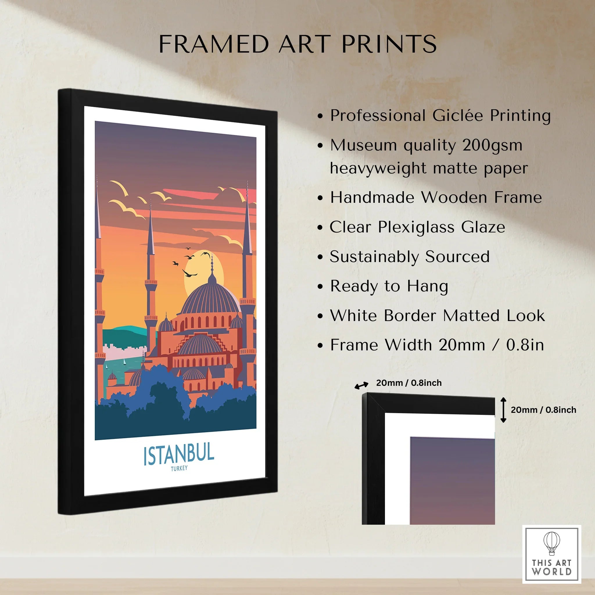 Framed Istanbul travel poster art print with sunset skyline, perfect for home wall decor