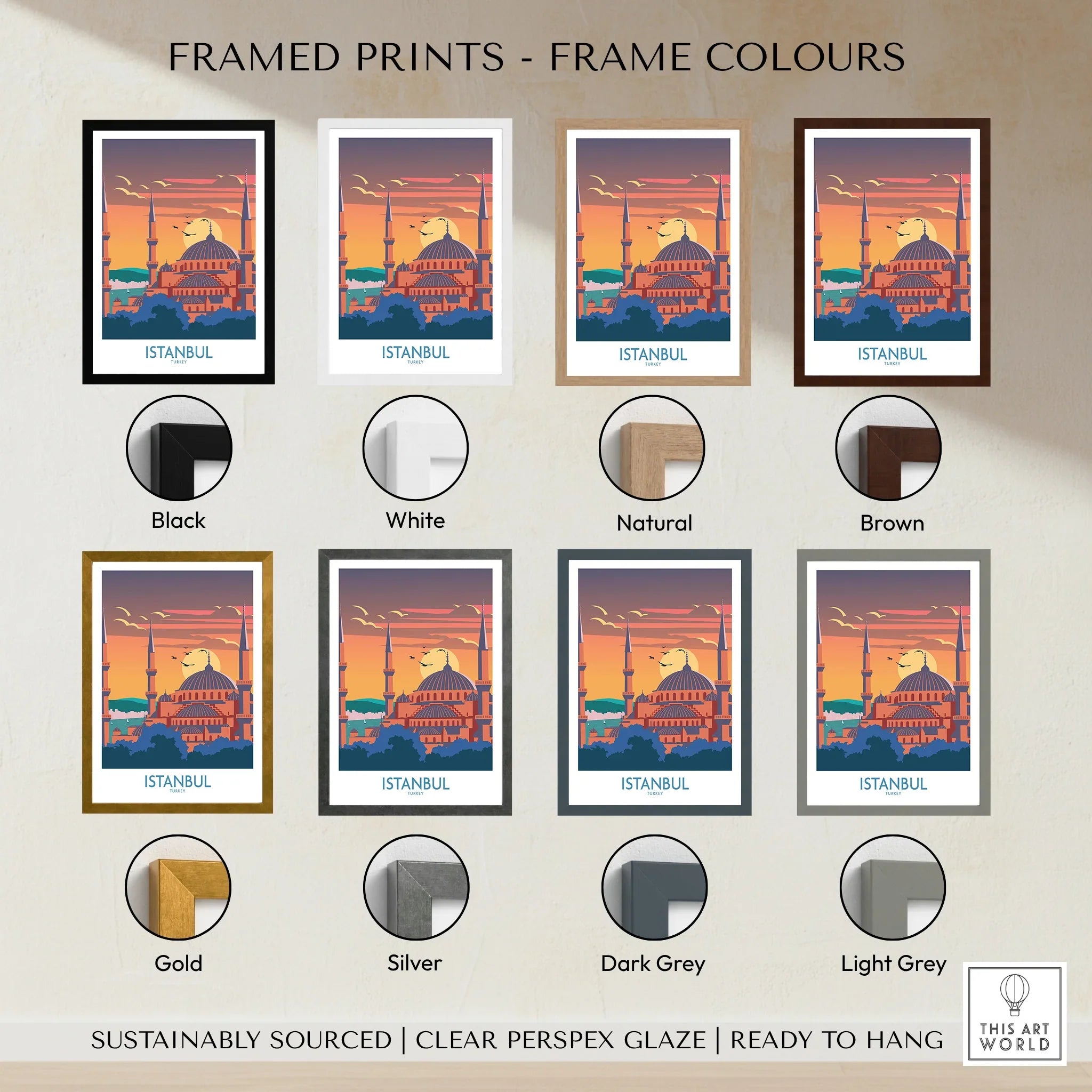 Istanbul travel poster in eight frame colors: black, white, natural, brown, gold, silver, dark grey, light grey