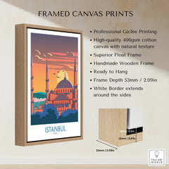 Istanbul Turkey travel poster print in wooden float frame, city skyline wall art for home decor