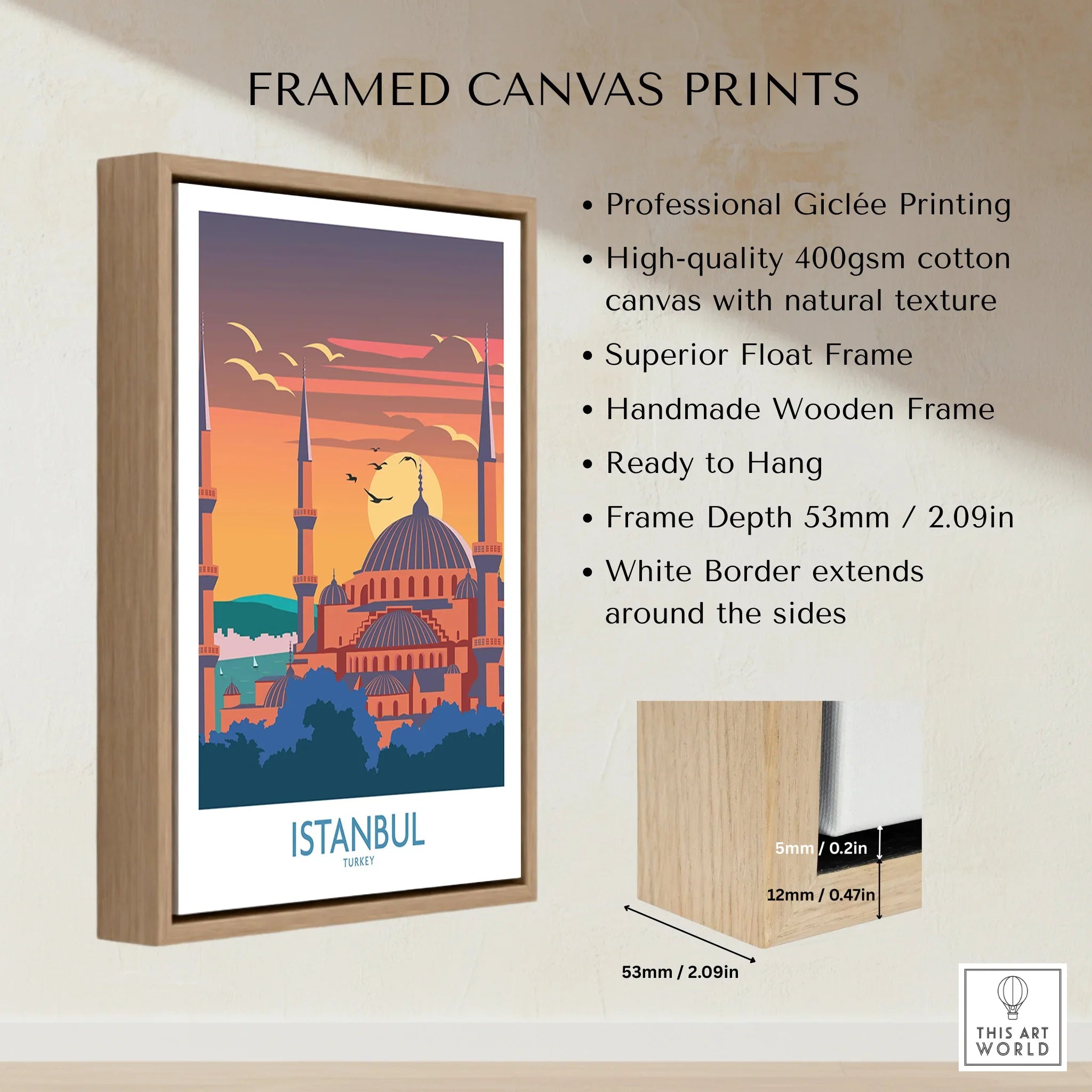 Istanbul Turkey travel poster print in wooden float frame, city skyline wall art for home decor