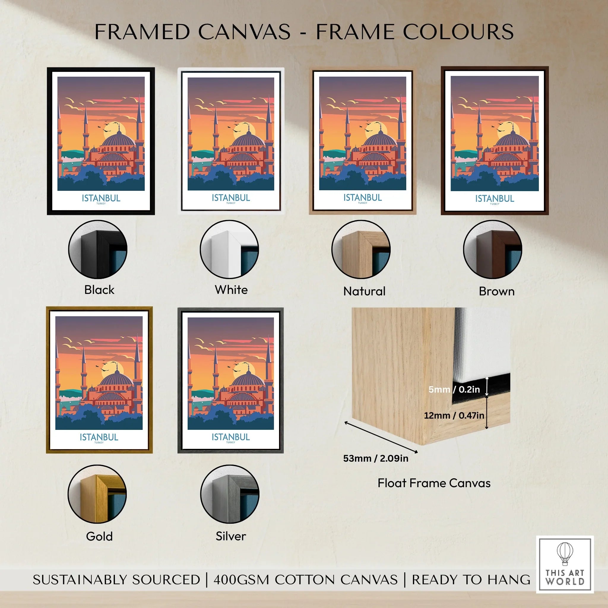 Istanbul travel poster in framed canvas with black, white, natural, brown, gold, silver frame options