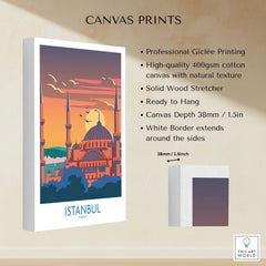 Istanbul Turkey travel poster canvas print with sunset skyline, minarets, and dome, ready to hang wall art